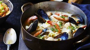 A classic mouthwatering Normandy dish made from fresh fish and crustaceans from the English Channel on its east side combined with its world famous dairy products from its farmlands