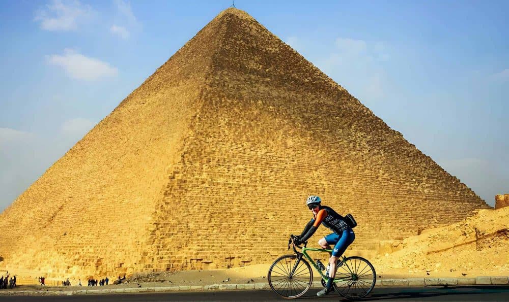 Isabel Hofman riding in front of the Great Pyramid of Giza