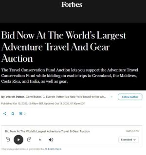 World's Largest Adventure Travel Auction Forbes article page on ATCF Auction of The Odyssey biggest donor