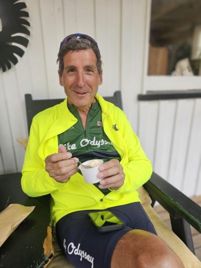John Gratto’s Normandy bicycle trip John Gratto enjoying ice cream on the Tasmania Bike tour